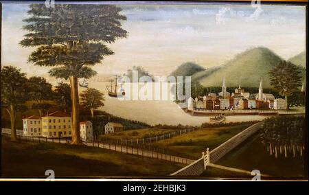 Overmantel picture of an imaginary scene, artist unknown, Eastern New Hampshire, c. 1820, oil on pine panel Stock Photo