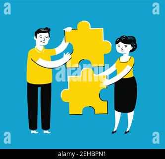 Business people assembling jigsaw puzzle. Teamwork, partnership concept vector Stock Vector