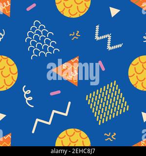 Memphis geometric shapes vector abstract seamless pattern background. Colorful waffle squares, triangles, circles, zig zag wavy lines on cobalt blue Stock Vector