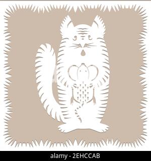 Striped cat with mouse Paper cut decorative silhouette animal in white color isolated on beige background Traditional Belarusian, Polish paper Stock Vector