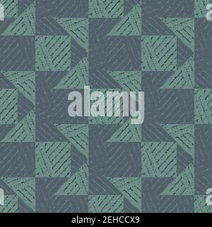 Vector geometric triangle square tile textured seamless pattern background.Monochrome teal grey backdrop triangular and rectangular shapes with grunge Stock Vector