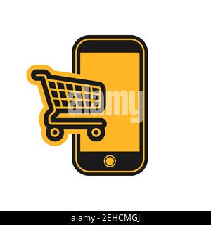 Icon in black and yellow style sign of a phone with a cart. Online purchases via the phone. Mobile applications for ordering goods. Marketplace. Stock Vector