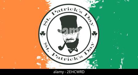 Symbol Saint Patrick's Day on Ireland flag background of grunge texture. Ideal for greeting card for happy St. Patricks Day, poster and web template. Stock Vector
