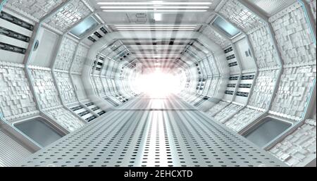 Front view of interior of long illuminated corridor with cube textured walls of spaceship with white light at end of tunnel. 3D Illustration Stock Photo