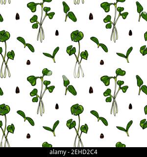 Hand drawn micro greens seamless pattern. Vector illustration in colored sketch style isolated on white background Stock Vector