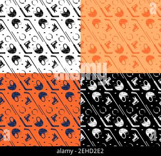 set of seamless patterns with clubs, helmets, ice hockey pucks and laurel wreaths. Ornament for decoration and printing on fabric. Design element. Vec Stock Vector