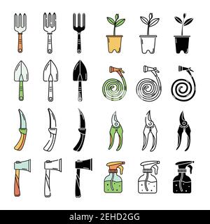 The vector set with garden tools. Line art and simple style. Stock Vector