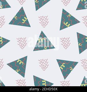 Memphis style triangle abstract waves vector seamless pattern background. White, teal, pink backdrop with decorated triangles and groups of wavy lines Stock Vector