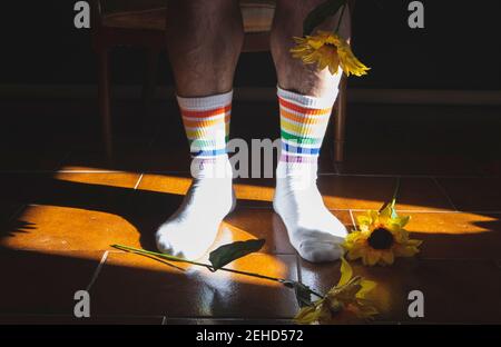 Crop anonymous male with fresh blooming flower wearing socks with rainbow stripes in sunlight Stock Photo