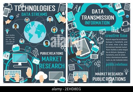 Information technology infographic banner. Data transmission and data stream concept. Human hand with tablet and mobile phone. Business details, flopp Stock Vector