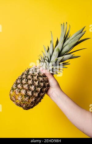 Hand of unknown woman holding pineapple - female hold fresh fruit on bright yellow background - healthy eating and diet modern concept Stock Photo