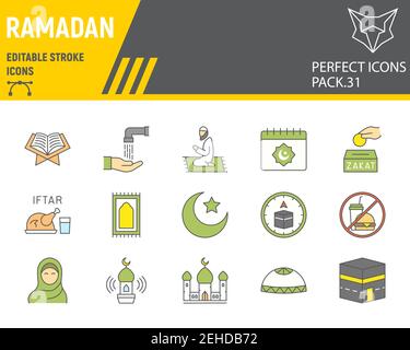Ramadan color line icon set, islam collection, vector graphics, logo illustrations, Happy Ramadan vector icons, arabic signs, filled outline Stock Vector