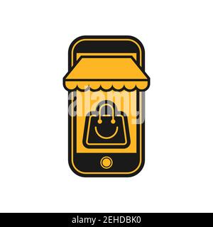Icon in black and yellow style sign of a smartphone with a bag. Online shopping in the mobile app. Stock Vector