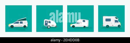 Vector illustration of various camper cars. Mobile home travel concept, camping, car trip. Stock Vector