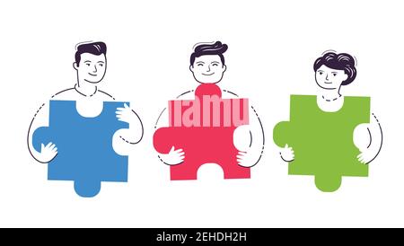 People assembling jigsaw puzzle. Teamwork, brainstorming concept vector Stock Vector