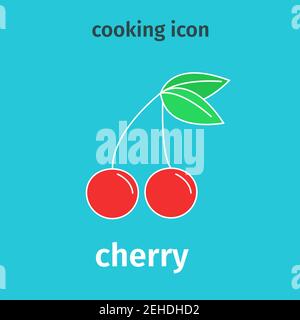 Cherry colored icon. Vector. Red cherries with leaves. Flat illustration. Stock Vector