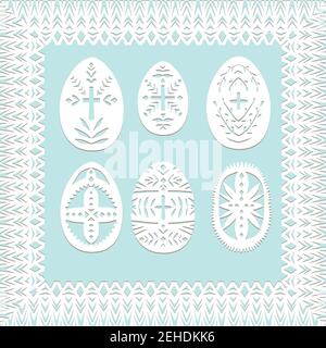 Set of paper cut festive symbols Holiday spring Easter signs egg in white colors isolated on blue background and lace frame. Traditional Belarusian Stock Vector