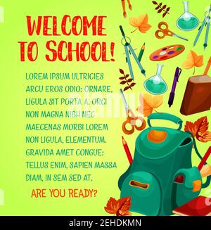 Back to school poster for education template. School supplies and autumn leaf banner design with text layout, bordered by school bag full of pencil, b Stock Vector