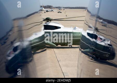 Marine One is seen from Air Force One at Joint Base Andrews, Md., prior to President Barack Obama and First Lady Michelle Obama's departure en route to Fort Hood, Texas, April 9, 2014. Stock Photo