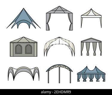 Vector set of event tent illustrations. Line art. Stock Vector