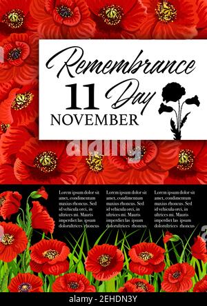 Remembrance Day poppy bunch memorial card template. Red poppy flower ...