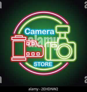 camera equipment with neon sign effect for camera store. vector illustration Stock Vector