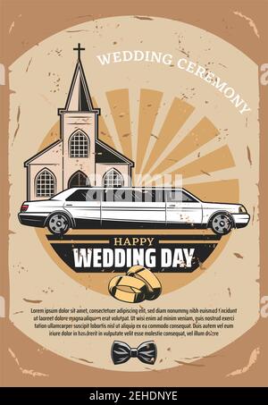 Happy Wedding Day retro greeting card template. Wedding car, gold rings and  groom bow tie vintage poster with church on background for invitation desi  Stock Vector Image & Art - Alamy