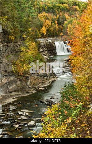 The Genesee River flows over the Lower Falls at Letchworth State Park in autumn, Wyoming County, NY Stock Photo