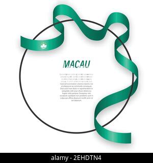 Waving ribbon flag of Macau on circle frame. Template for independence day poster design Stock Vector