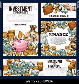 Finance vector banners with coins and dollar cash. Symbol of financial investment and bank account. Concept of financial advisor and money investment. Stock Vector