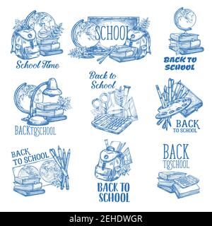 Welcome Back to School ink pen sketch icons. Vector isolated set of school bag, geography map globe or biology microscope and chemistry vial, books an Stock Vector