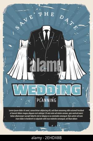 Wedding celebration retro poster for Save the Date card template. Bride dress and groom suit grunge banner for wedding party vintage invitation or eng Stock Vector