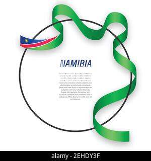 Waving ribbon flag of Namibia on circle frame. Template for independence day poster design Stock Vector