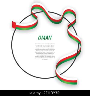 Waving ribbon flag of Oman on circle frame. Template for independence day poster design Stock Vector