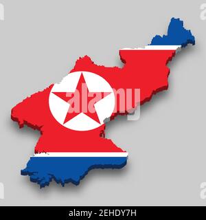 3d isometric Map of North Korea with national flag. Vector Illustration. Stock Vector