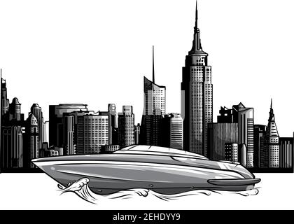 Illustration of a luxury private boat on skyscrapers background Stock Vector