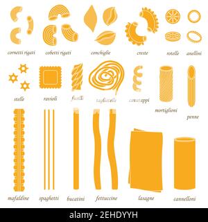 The vector set of different types of italian pasta. Line art and simple style Stock Vector