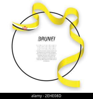 Waving ribbon flag of Brunei on circle frame. Template for independence day poster design Stock Vector