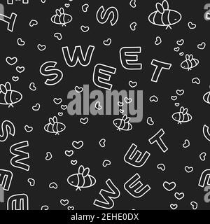 Seamless vector pattern of outline cartoon simple bees, hearts, Sweet letters text. Dark gray background, white elements are isolated separately. Chal Stock Vector