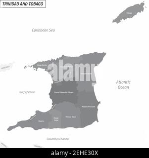 The Trinidad and Tobago grayscale map divided in administrative areas with labels Stock Vector