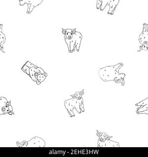 Vector black white outline seamless pattern of highland Scottish cows or bulls, which sit, stand, lie on ground. Animals are isolated. Illustration ca Stock Vector