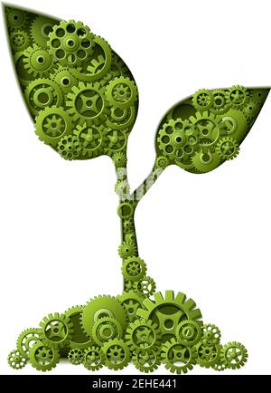 3d realistic vector green leaf, plant made of gears. Isolated on white background. Stock Vector