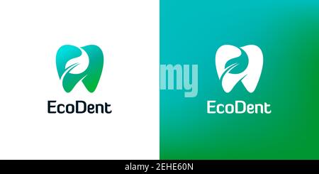 Tooth icons with leaf shapes on white and green backgrounds. Abstract dentistry logo design. Stock Vector