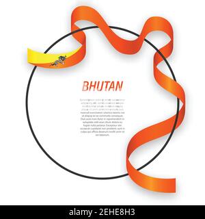 Waving ribbon flag of Bhutan on circle frame. Template for independence day poster design Stock Vector