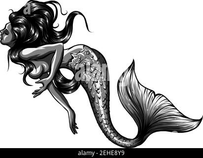 Beautiful mermaid with. Hand drawn illustration. Sea, fantasy, spirituality, mythology, tattoo art, coloring books Isolated vector illustration Stock Vector