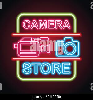 camera equipment with neon sign effect for camera store. vector illustration Stock Vector