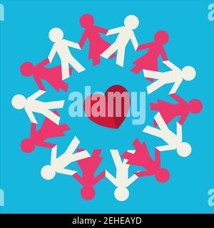 Rows of white and red paper people holding hands on a blue background - Vector illustration Stock Vector