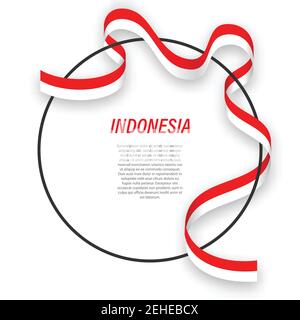 Waving ribbon flag of Indonesia on circle frame. Template for independence day poster design Stock Vector