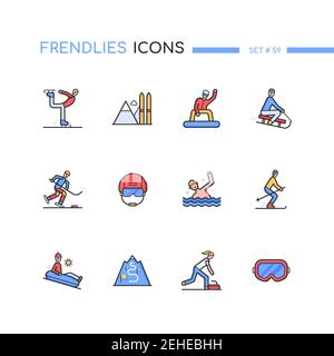 Winter sports - modern line design style icons set. Seasonal activities idea. Figure and mountain skating, skiing, snowboarding, sledding, ice hockey, Stock Vector