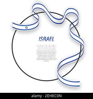 Waving ribbon flag of Israel on circle frame. Template for independence day poster design Stock Vector